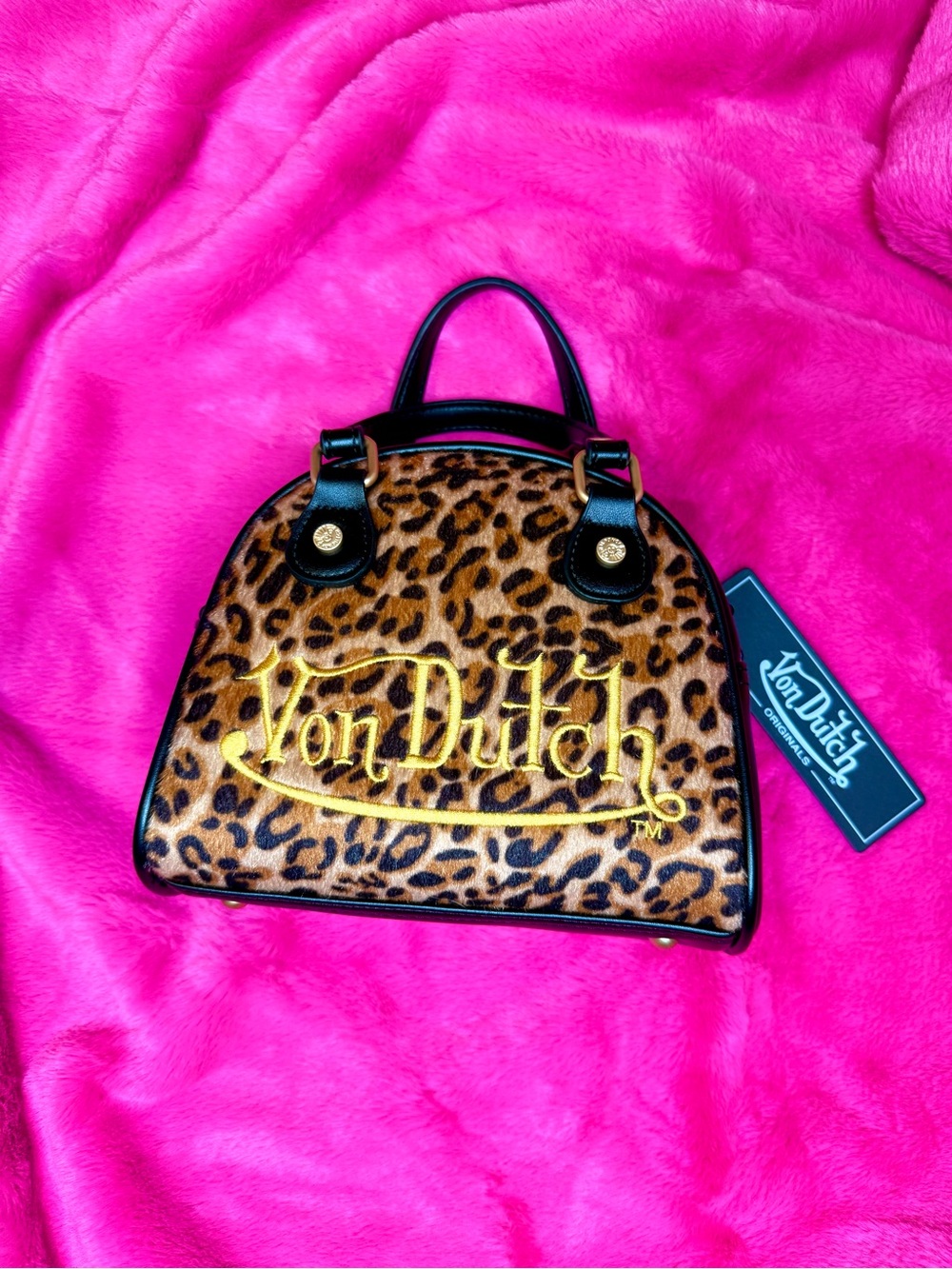 Von Dutch Leopard Print bowler with Black Trim and Gold Logo